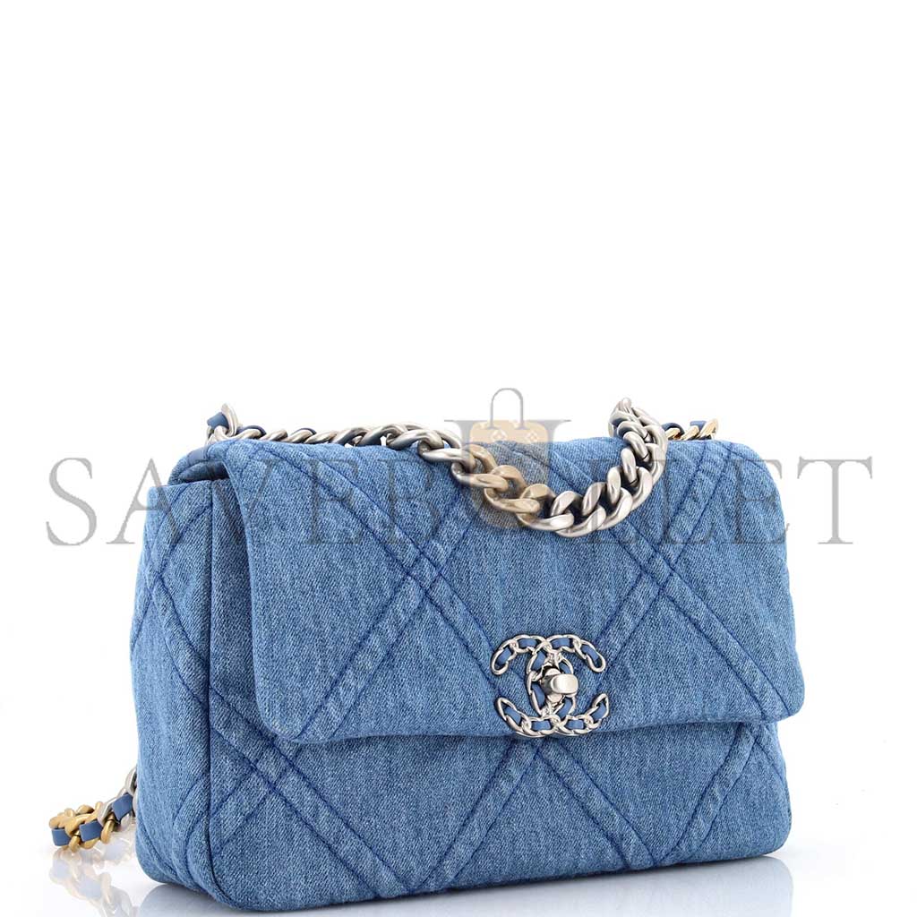 Ch*el blue quilted denim Ch*el 19 flap bag as1160 (26*16*9cm)